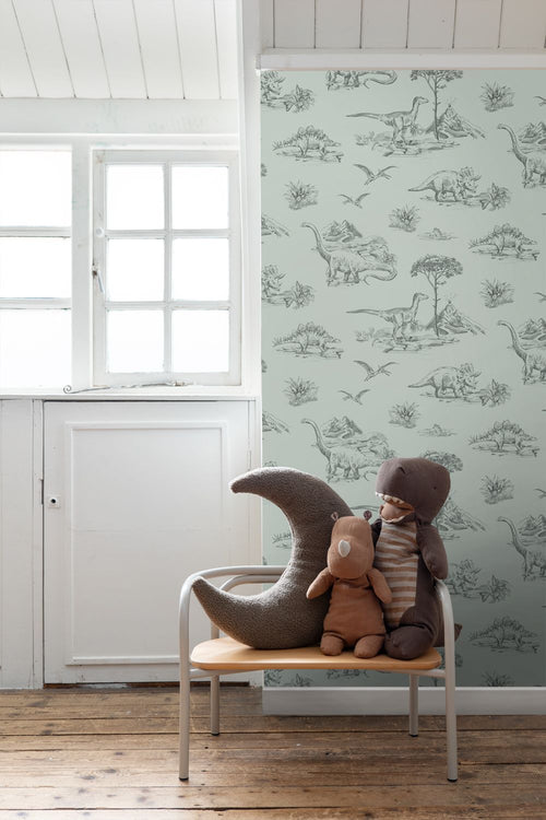 ESTAhome behang dinosaurussen vergrijsd zeegroen - 53 cm x 10.05 m - 139556