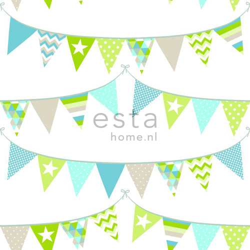 ESTAhome behang vlaggetjes turquoise, limegroen en beige - 53 cm x 10.05 m - 138719