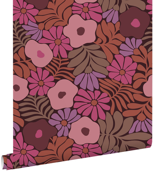 ESTAhome behang bloemen in Matisse stijl roze, paars en terracotta - 50 x 900 cm - 131136 - vtwonen shop