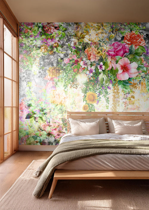 Sanders & Sanders fotobehang bloemen grijs, roze en groen - 375 x 270 cm - 600502