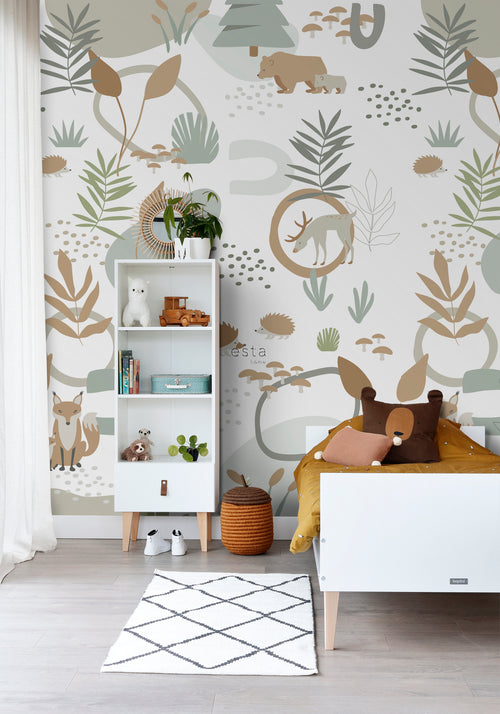 ESTAhome fotobehang bos met bosdieren vergrijsd groen en beige - 200 x 279 cm - 159256 - vtwonen shop