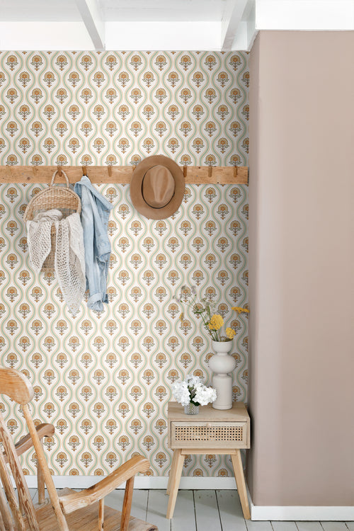 ESTAhome behang vintage bloemen groen, geel en oranje - 50 x 900 cm - 131739