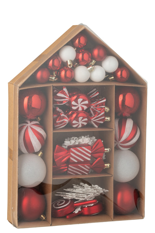 J-Line kerstbal - kunststof - rood/wit - doos van 59