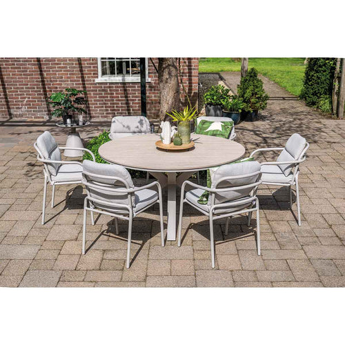 Edison tafel rond - 148 cm - taupe - light teak Vironwood - vtwonen shop