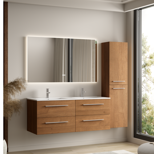 LOMAZOO badmeubelset Navero - met hoge kast & witte wastafel - warm eiken - 120 cm