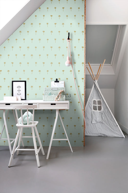 ESTAhome behang palmbomen mintgroen en goud - 53 cm x 10.05 m - 139159