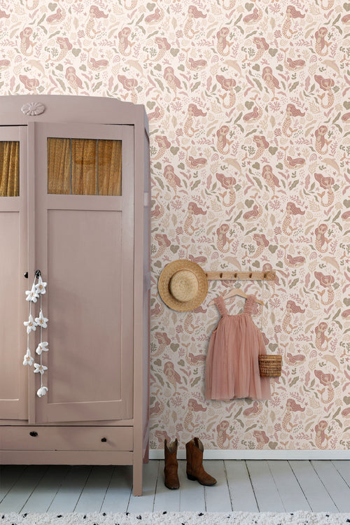 ESTAhome behang zeemeerminnen beige, roze en groen - 0.53 x 10.05 m - 131497