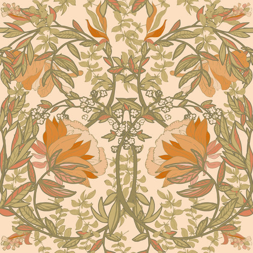 ESTAhome behang vintage bloemen in art nouveau stijl groen, oranje en beige - 50 x 900 cm - 131697