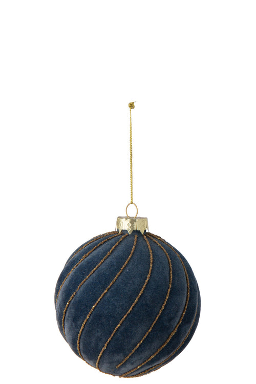 J-Line Gestreepte kerstbal - glas - donkerblauw/goud - large - set van 18