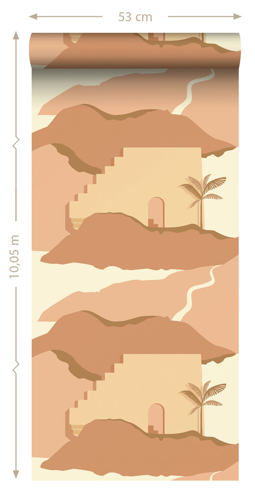 ESTAhome behang mediterrane huisjes beige en terracotta roze - 50 x 900 cm - 139625 - vtwonen shop