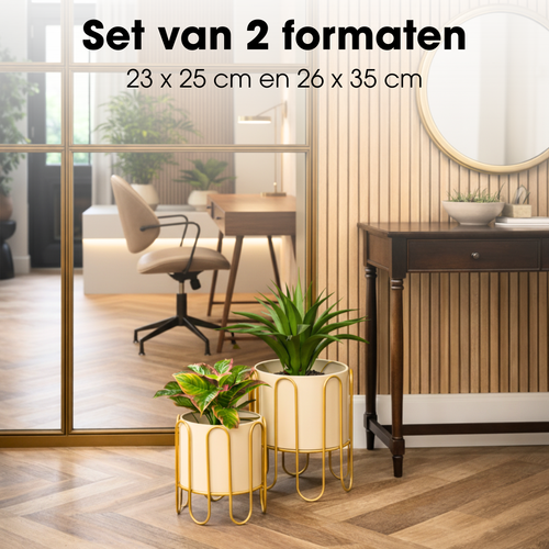 Mica Decorations Dione Bloempot op Standaard – Set van 2 – Plantenpot voor Bloemen en Kamerplanten – Bloempotten voor Binnen – IJzer – Bruin