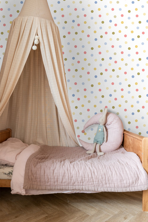 ESTAhome behang stip blauw, roze, groen en geel - 50 x 900 cm - 131620