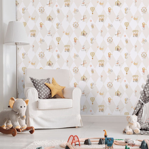Sanders & Sanders behang circus figuren geel, beige en wit - 53 cm x 10.05 m - 640619