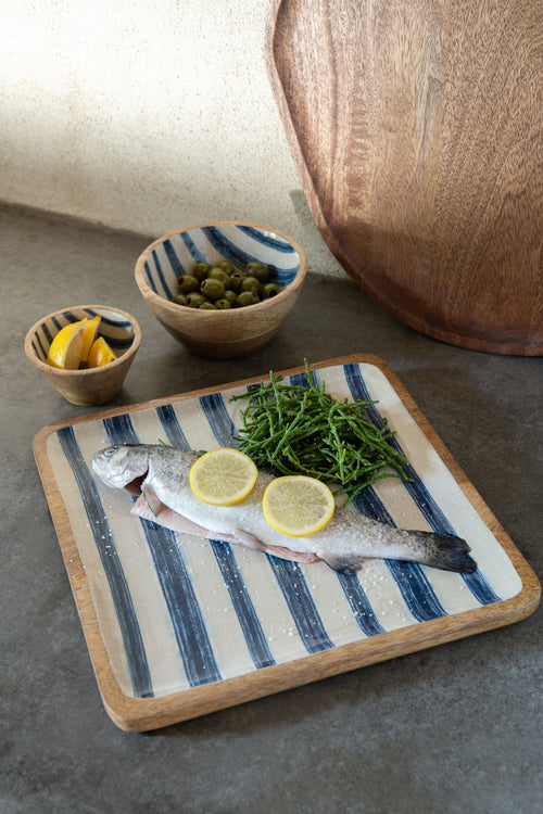 J-Line schaal Vierkant Strepen - hout - blauw/wit - vtwonen shop