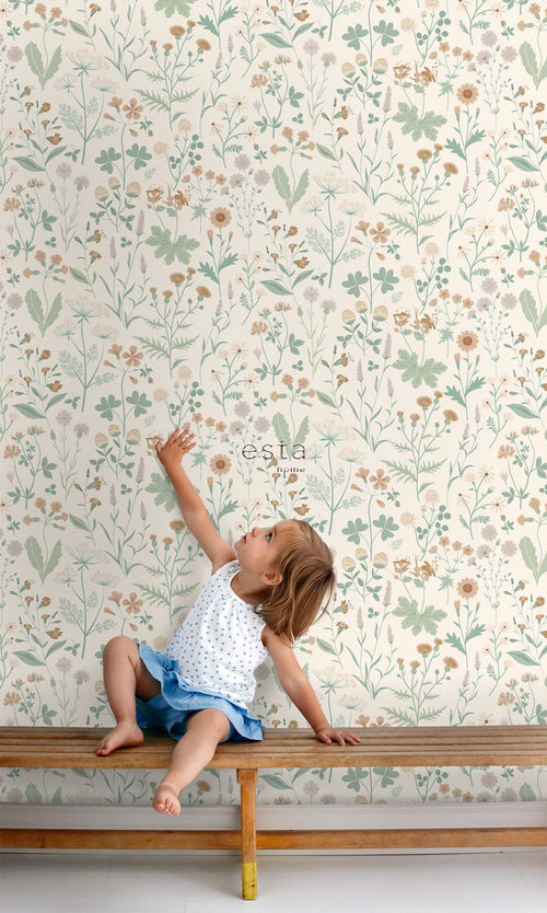 ESTAhome behang veldbloemen groen, terracotta en lila paars - 53 cm x 10.05 m - 139481