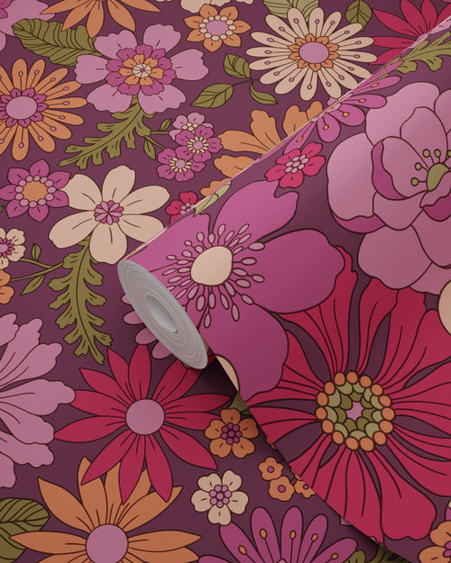 ESTAhome behang retro bloemen aubergine paars - 50 x 900 cm - 131810