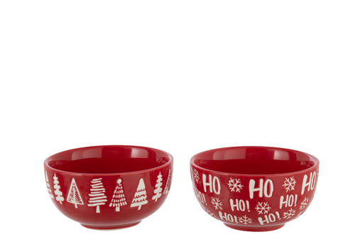 J-Line schaal Dolomiet - keramiek - kerstrood/wit - 2 stuks