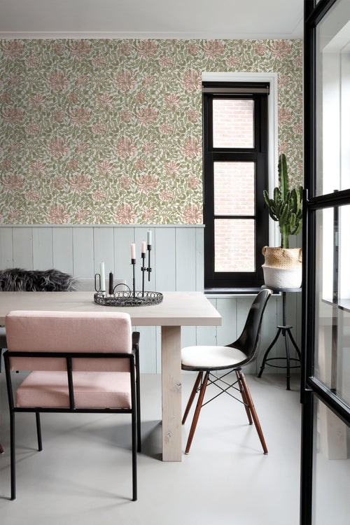 ESTAhome behang bloemen vergrijsd groen en terracotta - 50 x 900 cm - 131028 - vtwonen shop