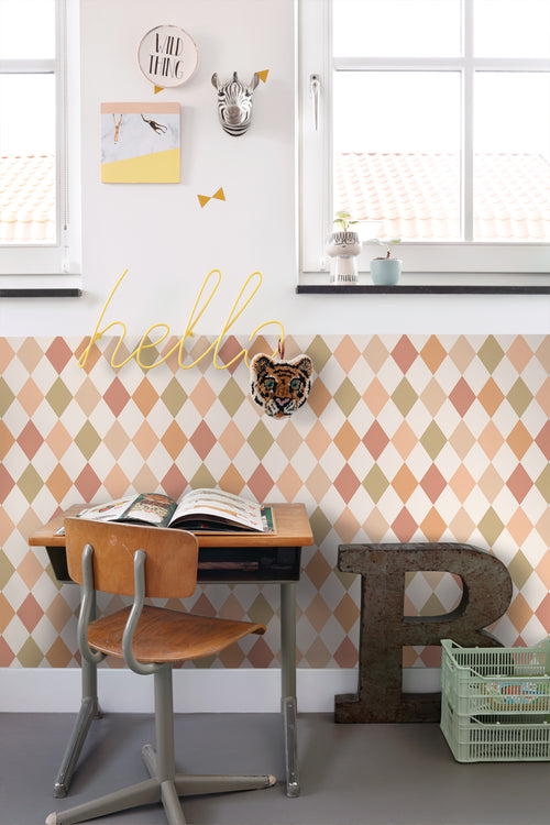 ESTAhome behang ruitjes roze, terracotta en groen - 50 x 900 cm - 131763