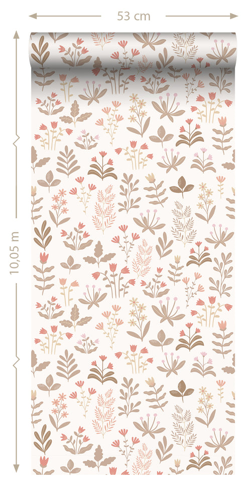 ESTAhome behang veldbloemen vergrijsd groen, licht roze en rood - 50 x 900 cm - 131093 - vtwonen shop