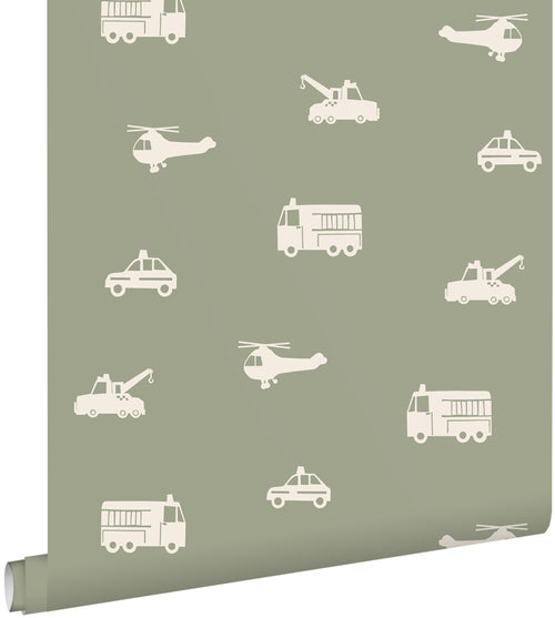 ESTAhome behang auto's, brandweerauto's, helikopters en kranen vergrijsd groen - 50 x 900 cm - 131454 - vtwonen shop