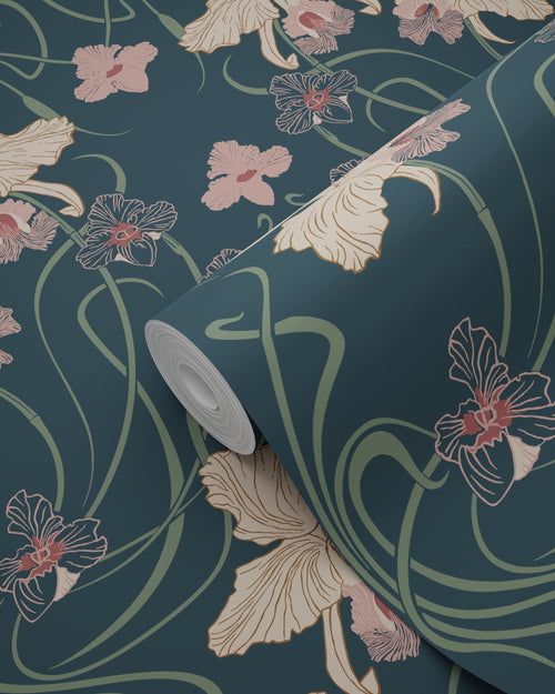 ESTAhome behang vintage bloemen in art nouveau stijl donkerblauw, beige en vergrijsd groen - 50 x 900 cm - 139669 - vtwonen shop
