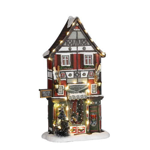 Luville Kerstdorp Miniatuur Wintersportwinkel - Kerstversiering met Verlichte Dennenboom - Guirlande voor Kerstdorp Winkelstraatje - Kerstslingers met