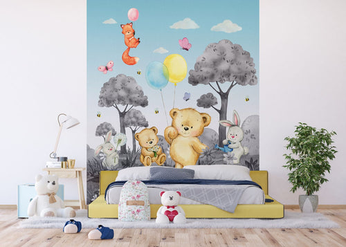 Sanders & Sanders fotobehang bos met bosdieren grijs en blauw - 270 x 225 cm - 601206