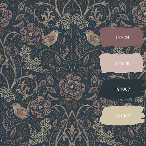 ESTAhome behang bloemen en vogels donkerblauw en oudroze - 53 cm x 10.05 m - 139832 - vtwonen shop