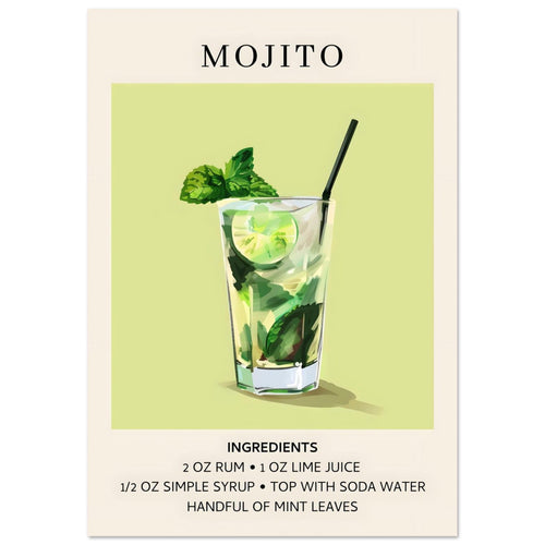 Artfulprints  Mojito cocktail - Ingrediënten   poster A4 21x29.7 cm