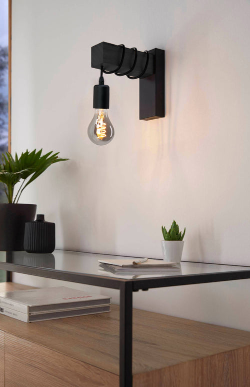 EGLO wandlamp Townshend - e27 - hout/staal - zwart