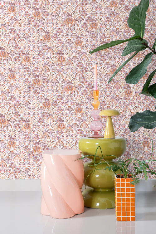 ESTAhome behang vintage bloemen in art nouveau stijl lila paars en oranje - 50 x 900 cm - 131510 - vtwonen shop