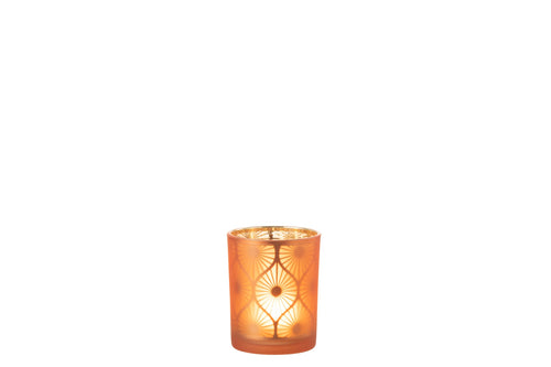 J-Line windlicht Ruit Bloemen - glas - oranje - medium - 2 stuks