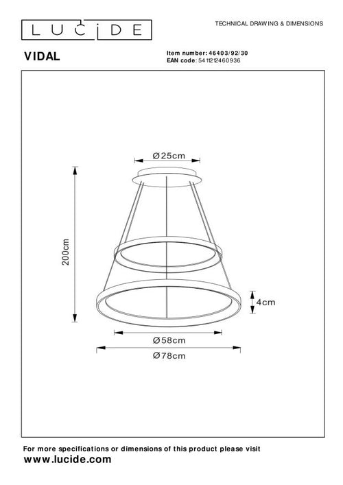 Lucide hanglamp VIDAL - Geïntegreerde LED - Zwart