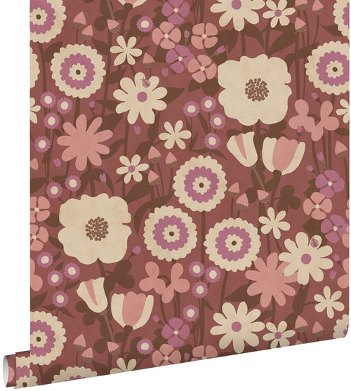 ESTAhome behang retro bloemen aubergine paars en roze - 50 x 900 cm - 132162