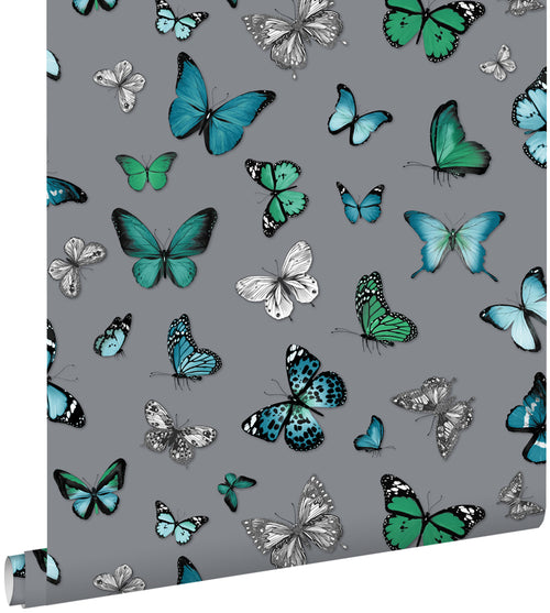 ESTAhome behang vlinders zilver en turquoise - 53 cm x 10.05 m - 138510