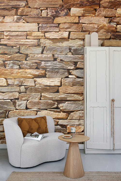 Sanders & Sanders fotobehang stenen muur beige en warm oranje - 360 x 270 cm - 600446 - vtwonen shop