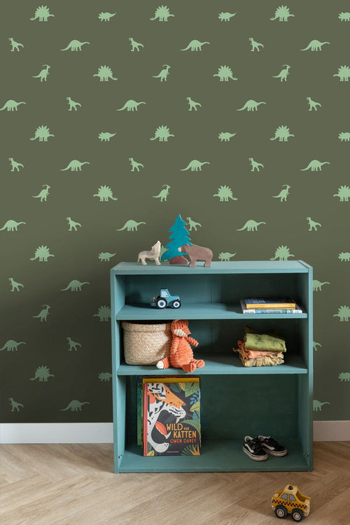 ESTAhome behang dinosaurussen donkergroen - 50 x 900 cm - 131802
