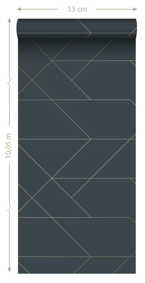 ESTAhome behang grafische lijnen donkerblauw en goud - 53 cm x 10.05 m - 139213