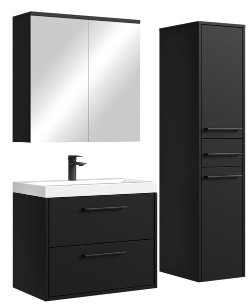 Badplaats Badkamermeubel Set Florence 60 cm – Mat Zwart – Hangend Badmeubel met Wastafel, Spiegelkast en Zijkast