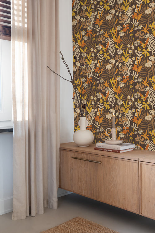 ESTAhome behang tropische bladeren en bloemen bruin en meerkleurig - 50 x 900 cm - 130997 - vtwonen shop