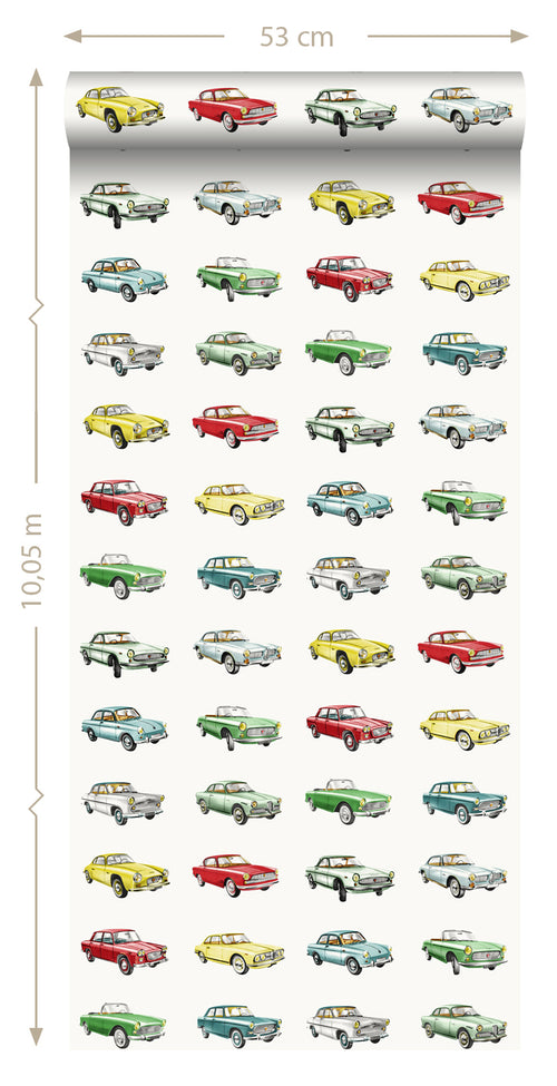 ESTAhome behang vintage auto's rood, geel en groen - 53 cm x 10.05 m - 138731