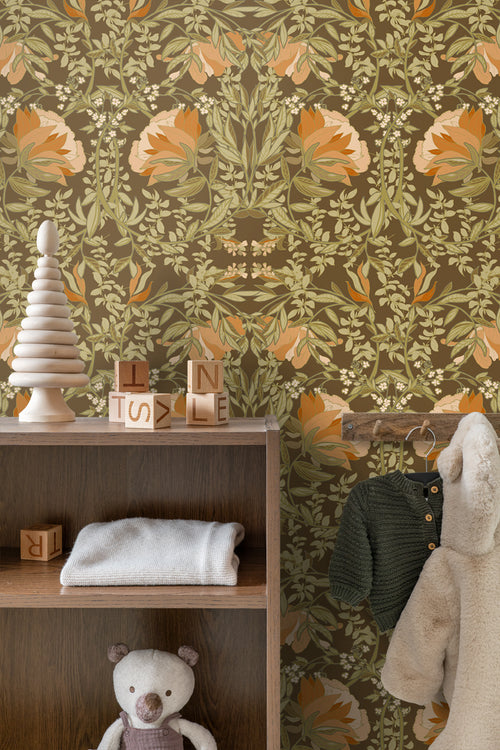 ESTAhome behang vintage bloemen in art nouveau stijl groen en oranje - 50 x 900 cm - 131730