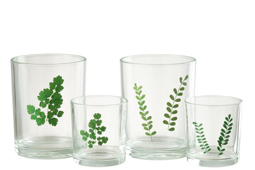 J-Line windlicht Bladeren - glas - groen/transparant - 2 stuks