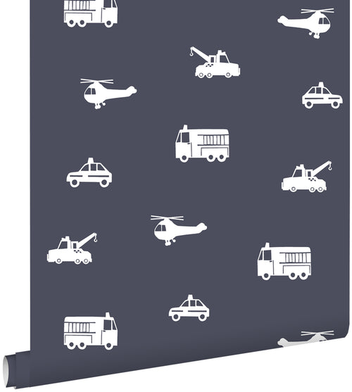 ESTAhome behang auto's, brandweerauto's, helikopters en kranen blauw 53 cm x 10.05 m 138916
