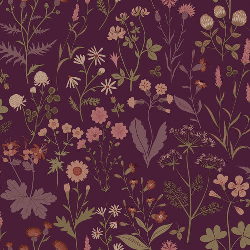 ESTAhome behang veldbloemen aubergine paars - 50 x 900 cm - 131637 - vtwonen shop