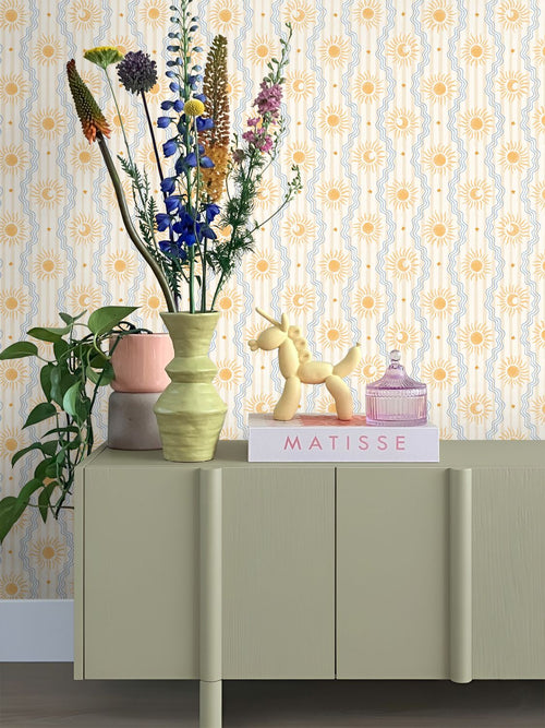 ESTAhome behang retro ornamenten beige, blauw en geel - 50 x 900 cm - 132017
