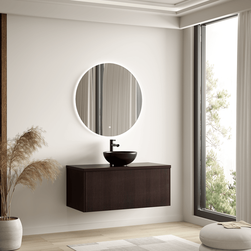 LOMAZOO badkamermeubel Messina - geribbeld - zwevend - opbouw - zwarte waskom - walnoot - 100 cm