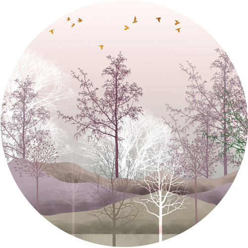 Sanders & Sanders zelfklevende behangcirkel berglandschap met bomen paars Ø 70 cm 601120