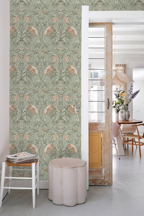 ESTAhome behang vintage bloemen in art nouveau stijl vergrijsd groen en oudroze - 0.53 x 10.05 m - 139419 - vtwonen shop